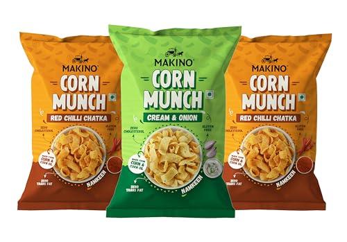 Makino Makino Assorted Corn Munch (Cream & Onion, Red Chilli Chatka)(Each 150 gm)(Pack of 3)