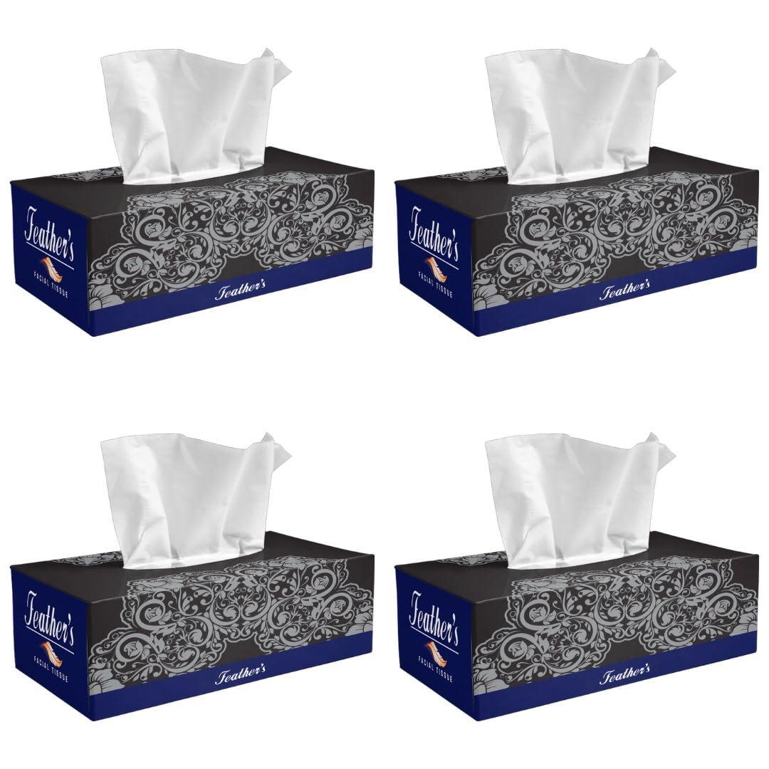 Feather\'s Feather\'s Face Tissue Box (Dry) | 2 Ply, 200 Pulls per Box, Pack of 4 | Super Soft & Absorbent Facial Tissue Box | Facial Tissue Papers | Virgin Paper, Biodegradable (Random Color Box)