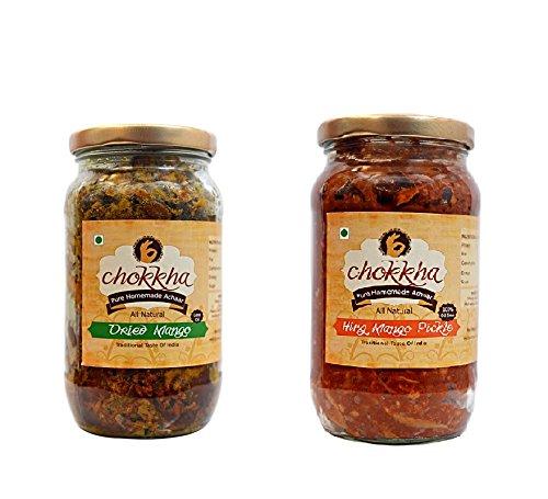 Chokkha Chokkha Traditional Homemeade Hing Mango & Dried Mango Pickle (Hing Aam, Sukha Aam) | No colour Added | Vegan | 100% Oil-Free | Combo of 2| 400 Gm Each