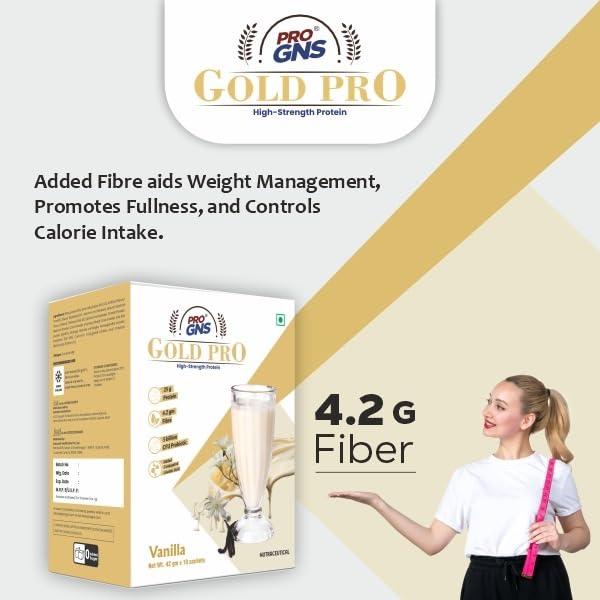 ProGNS ProGNS Gold Pro Whey Protein Powder Sachet | Gym Protein Powder with 25g Protein & 4.2g Fibre per Serving | Low Carb Vanilla Protein Powder for Healthy Life | Vanilla Protein Powder (42g X 10 Sachet)