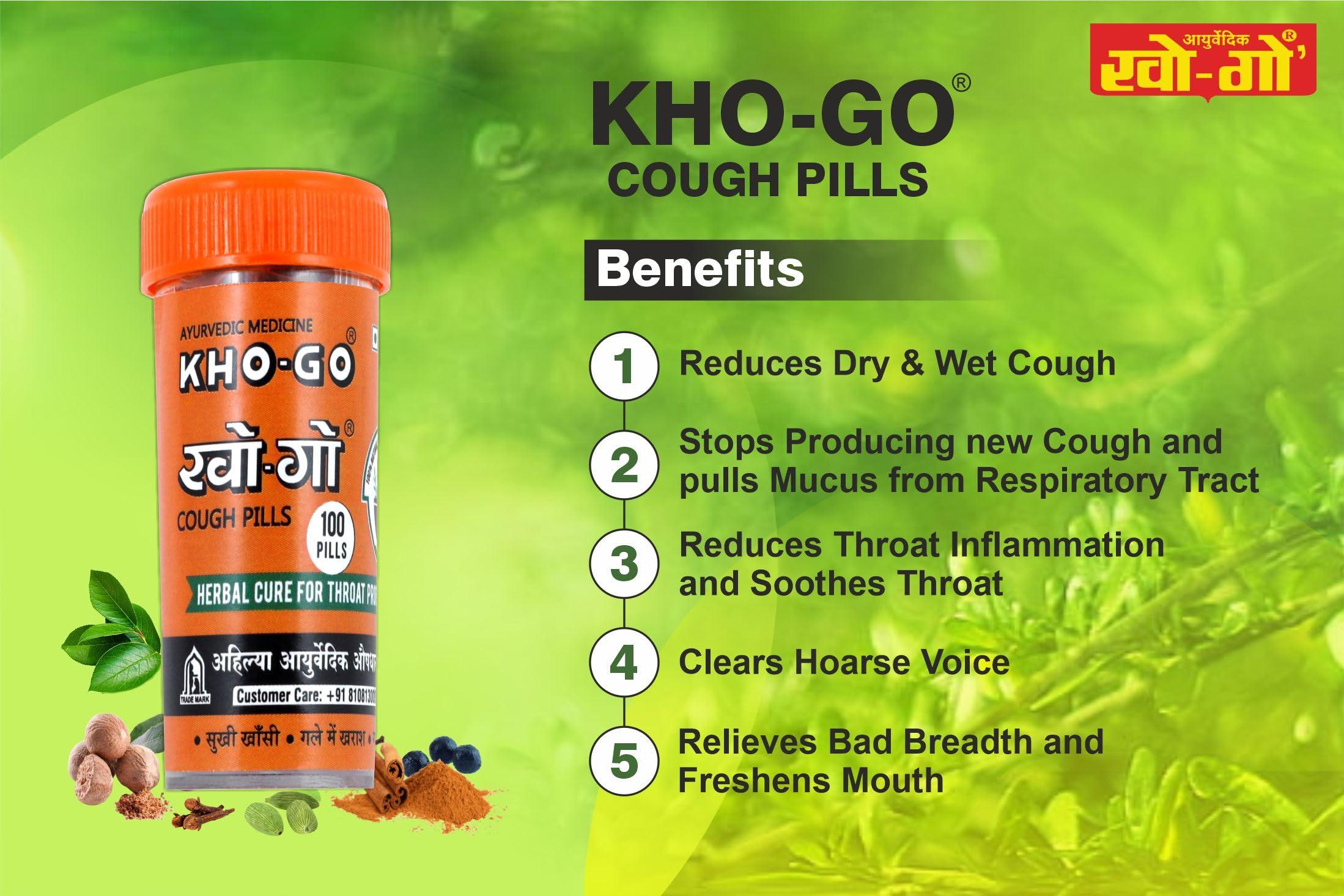 KHO-GO Khogo Pills For Cough & Sore Throat, Ayurvedic Tablets For Seasonal Cough & Bad Breath, 100 Pills in each Btl, 100 Tab, Pack Of 4