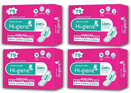 Hi-Giene HI-giene Dry Comfort Ultra Clean Sanitary Pads for Women With Wings ,Extra Large Thin Soft Regular Pads for Women Dry Max All Night Anti Leak Flow Channel Heavy Flow Napkins XL+ Pack of 4 (32 Pads Cou
