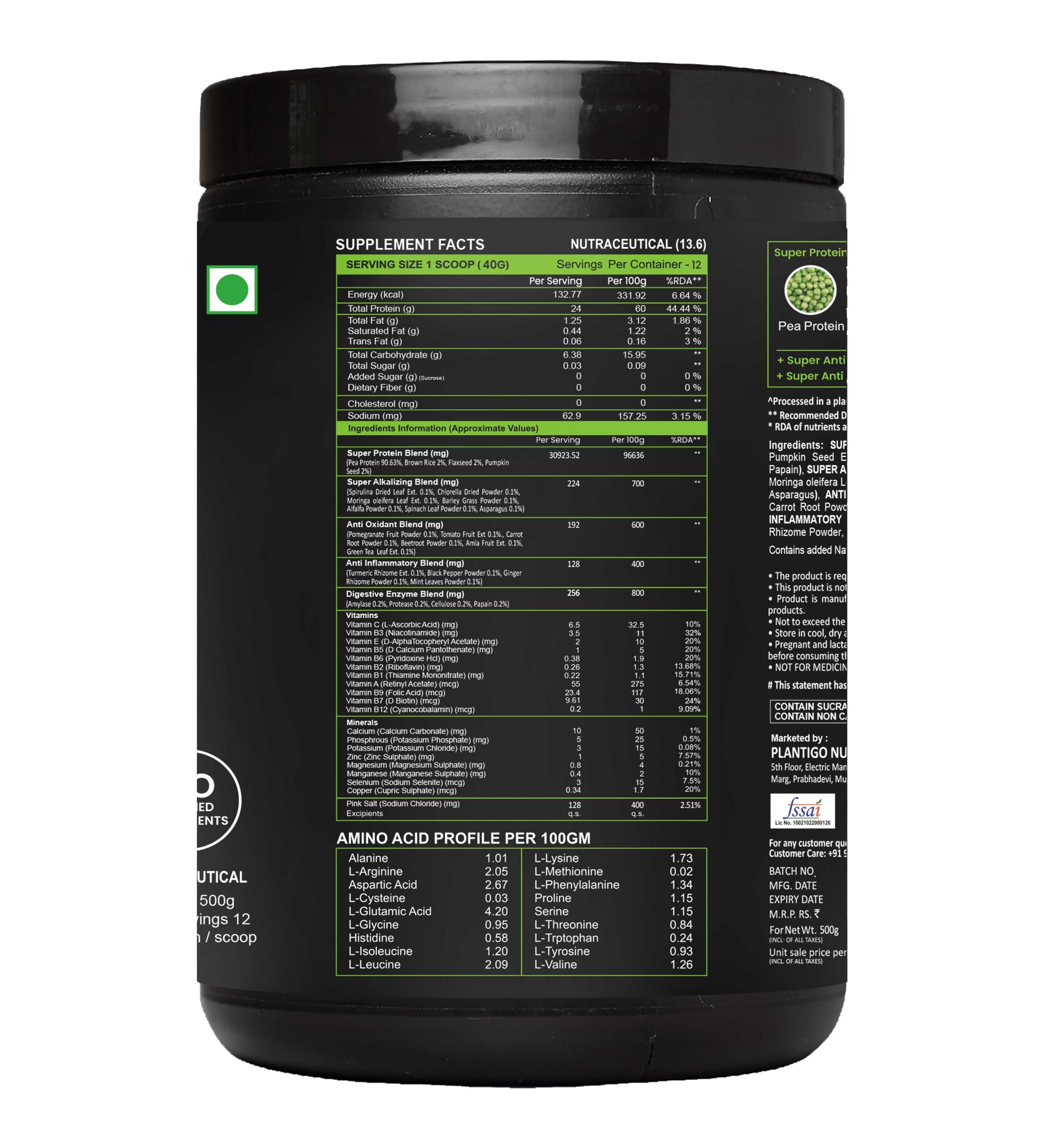 PLANTIGO Plantigo Plant Protein Powder - Men & Women, 500g Brazilian Chocolate | Plant Based Vegan Pea Protein Powder | 24g Protein, 5g Fiber, 3g BCAA, 20+ Vitamins, Minerals| No Added Sugars, No Preservatives