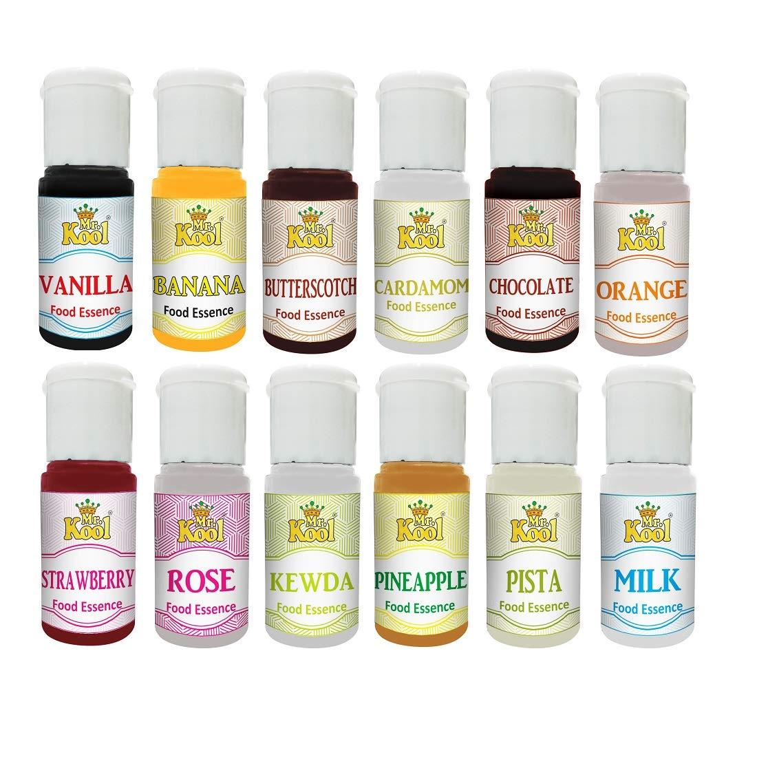 MR. KOOL Mr. Kool Food Essence 20 mL X 12 Pack( Vanilla, Strawberry, Butterscotch, Pineapple, Milk, Cardamom, Chocolate, Banana, Kewda, Pista, Orange, Rose)