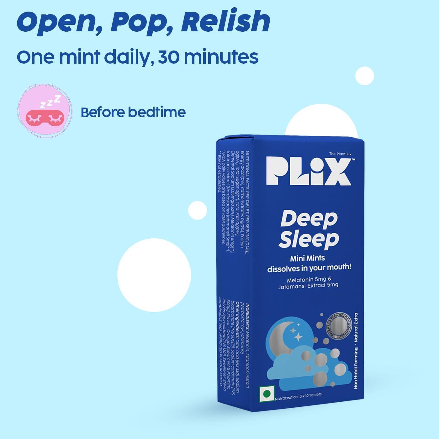 PLIX - THE PLANT FIX PLIX - THE PLANT FIX Melatonin Deep Sleep Oral Dissolving Mini Mints Effervescent Supporting Restful Sleep Tablet| Non Habit Forming | Melatonin And Jatamansi Extracts (5Mg) | Pack Of 3, 30 Mints