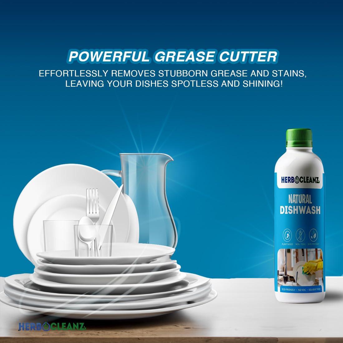 HERBOCLEANZ HerboCleanz Natural Dish wash cleaner: Plant-Based, Non-Toxic Grease Cutter  Eco-Friendly, Skin-Safe Detergent for Utensils, Ceramics & Cutlery - Pack of 1
