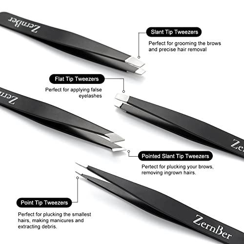 ZERNBER ZERNBER Tweezers for Women Stainless Steel Precision Tweezer Set with Leather Bag ,Eyebrow Tweezers for Facial Hair, Ingrown Hair, Splinters and More (4 Count)
