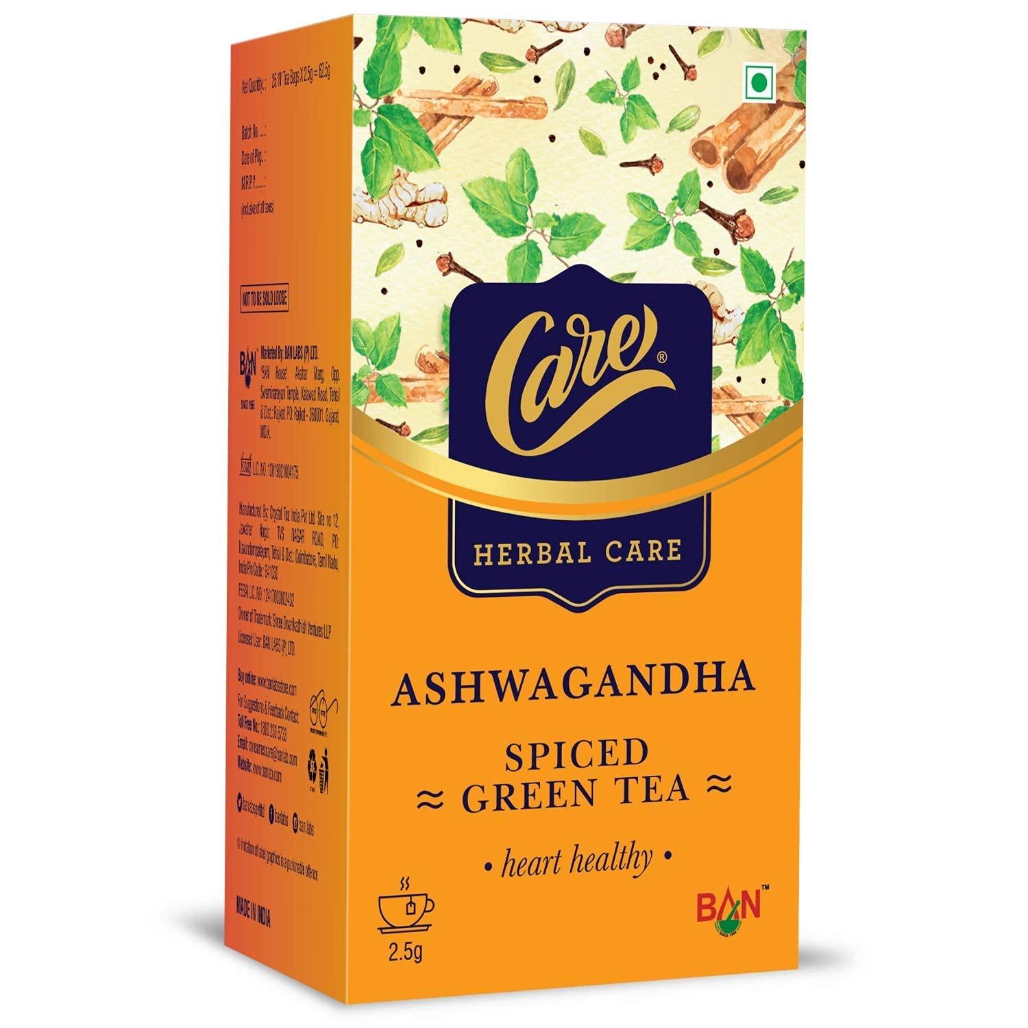 CARE CARE Ashwagandha Spiced Herbal Green Tea|75 Tea Bags (3 Packs X 25 Tea Bags Each)|Desi Kahwa|Detox Tea|Boosts Immunity Stress Relief|Detoxification, 2.55 Gram