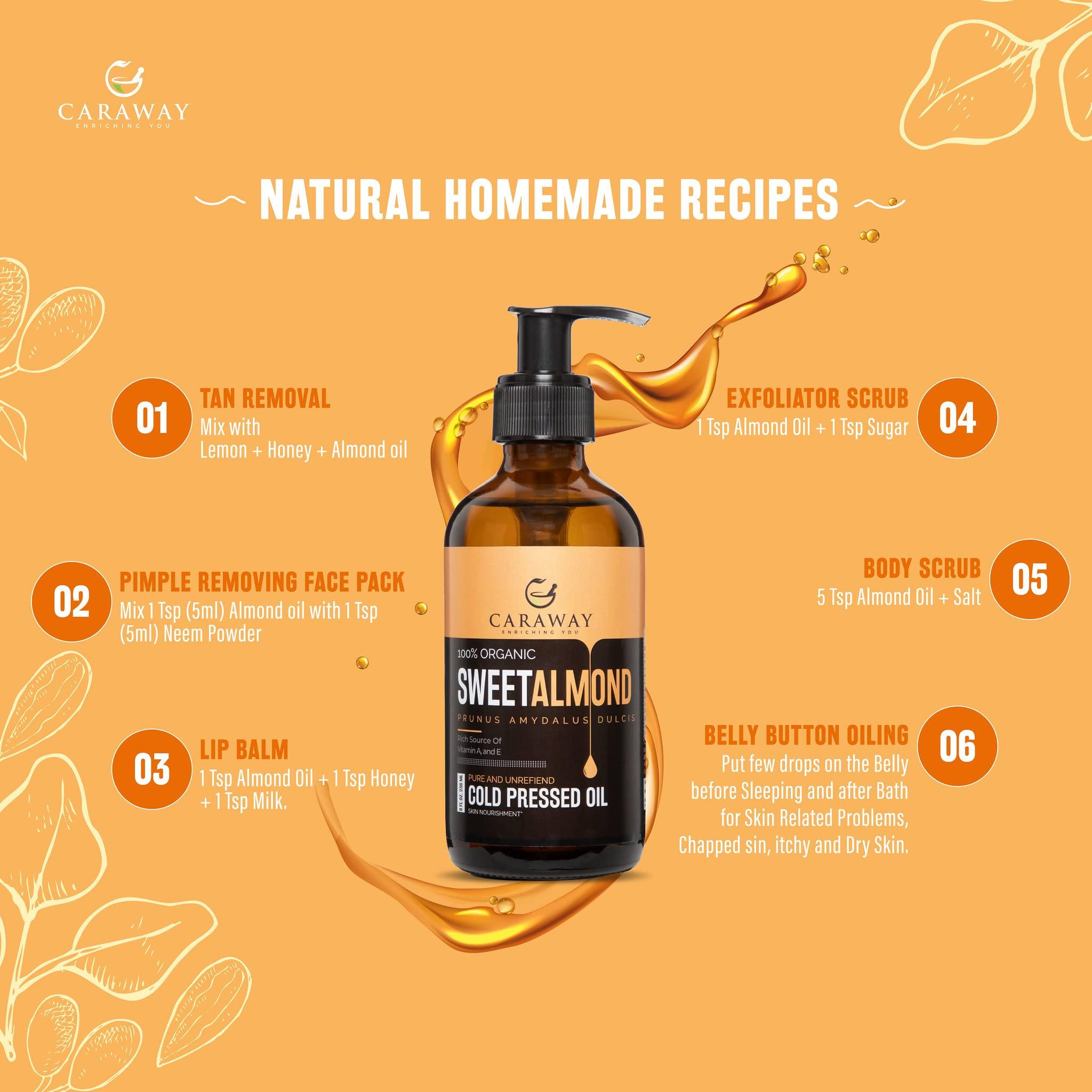 CARAWAY CARAWAY Certified Organic Almond Oil for Face - Cold Pressed Badam Rogan Oil for Baby Massage and Hair Care - Edible Grade - 16 oz / 475 ml