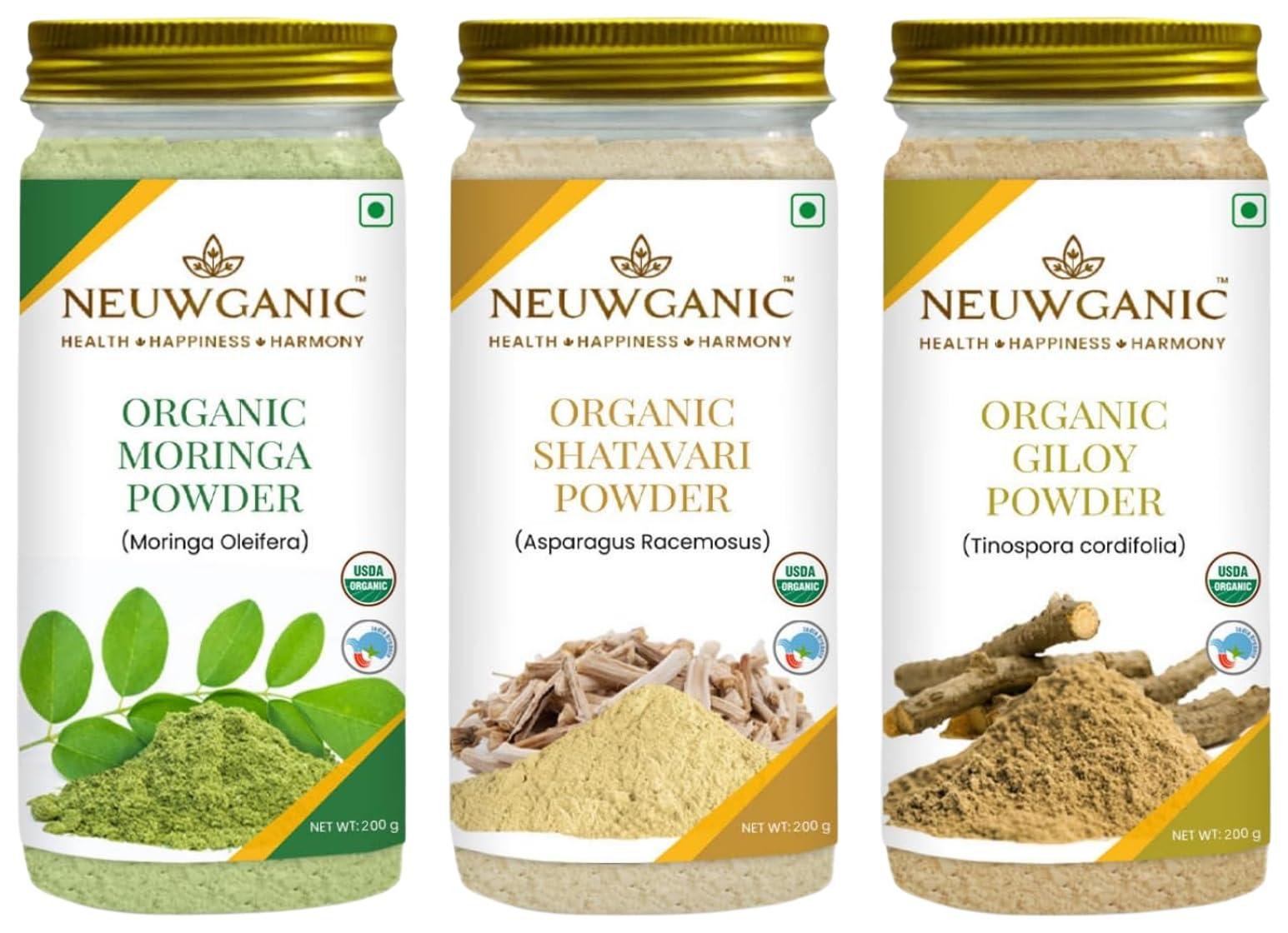 Neuwganic Neuwganic - Organic Moringa Powder 200 Gm Use for Digestion, Energy + Organic Giloy Powder 200 Gm Improves Liver & Kidney Functioning + Organic Shatavari Powder 200 Gm Use for Women Overall Health