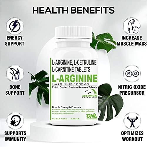 GNL GNL L Arginine 1000mg Nitric Oxide Supplement with l carnitine, L Citrulline, D-Aspartic acid & Cranberry Powder Extract | Essential Amino Acids| Powerful NO Booster - 60 Veg No Sugar Tablet