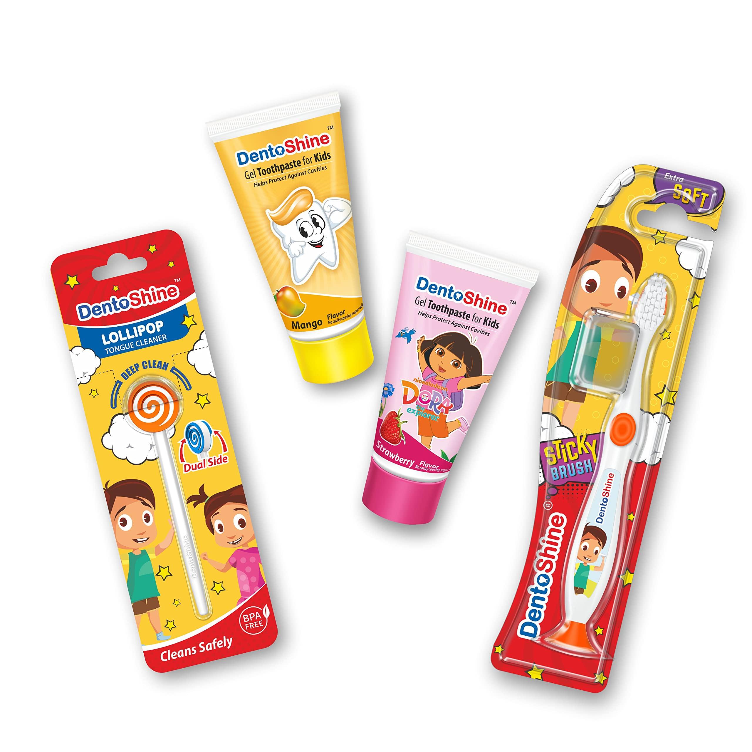 DentoShine DentoShine Oral Care Combo Ages 2+ (Sticky Toothbrush for Kids + Lollipop Tongue Cleaner + Flavored Toothpaste 80 g x 2) (Mango & Strawberry)