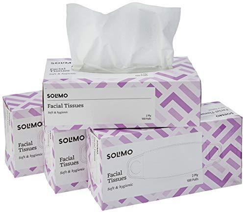 Amazon Brand - Solimo Solimo 3 Ply Toilet Paper/Tissue Roll 12 Rolls (160 Pulls Per Roll) & Solimo 2 Ply Facial Tissues Carton Box 100 Pulls (Pack of 4)