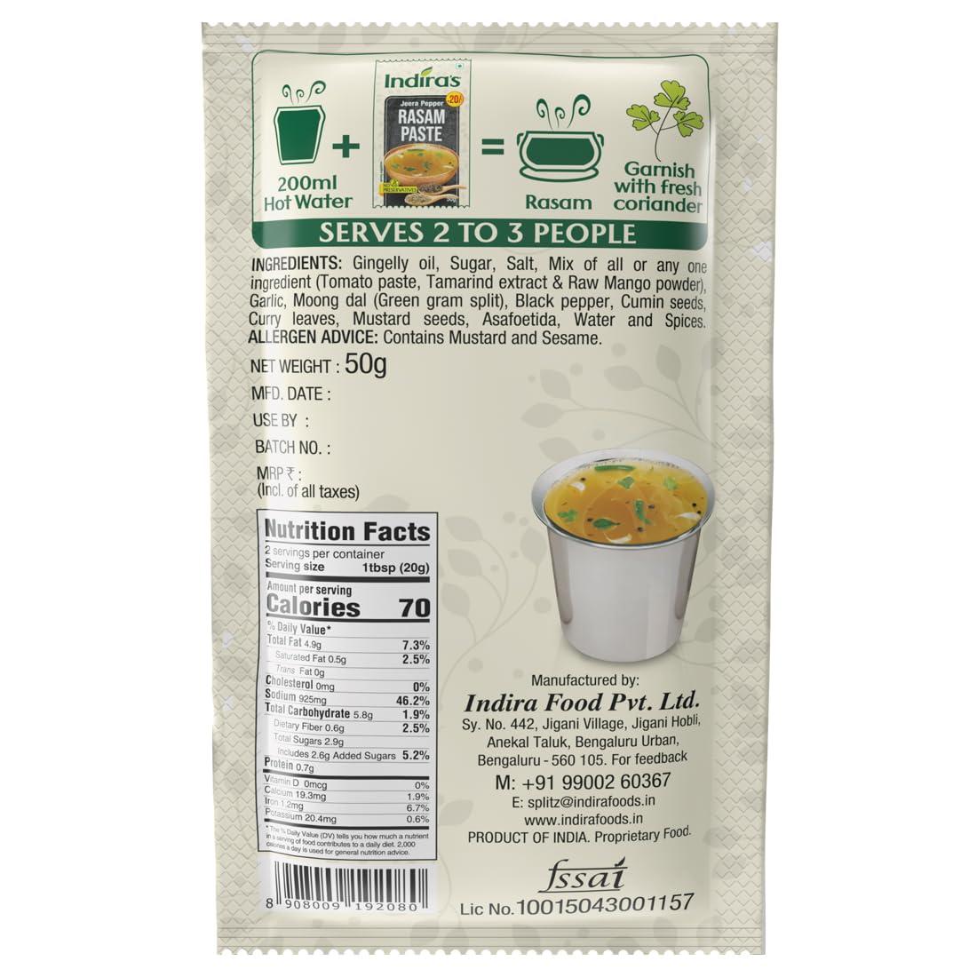 Indira's Indira's Instant Rasam Paste Combo: More Flavourful Than Rasam Powder. Just Add Hot Water. 3 Tasty Flavours: Tomato (50gX3), Pepper (50gX3) & Dal (35gX3)