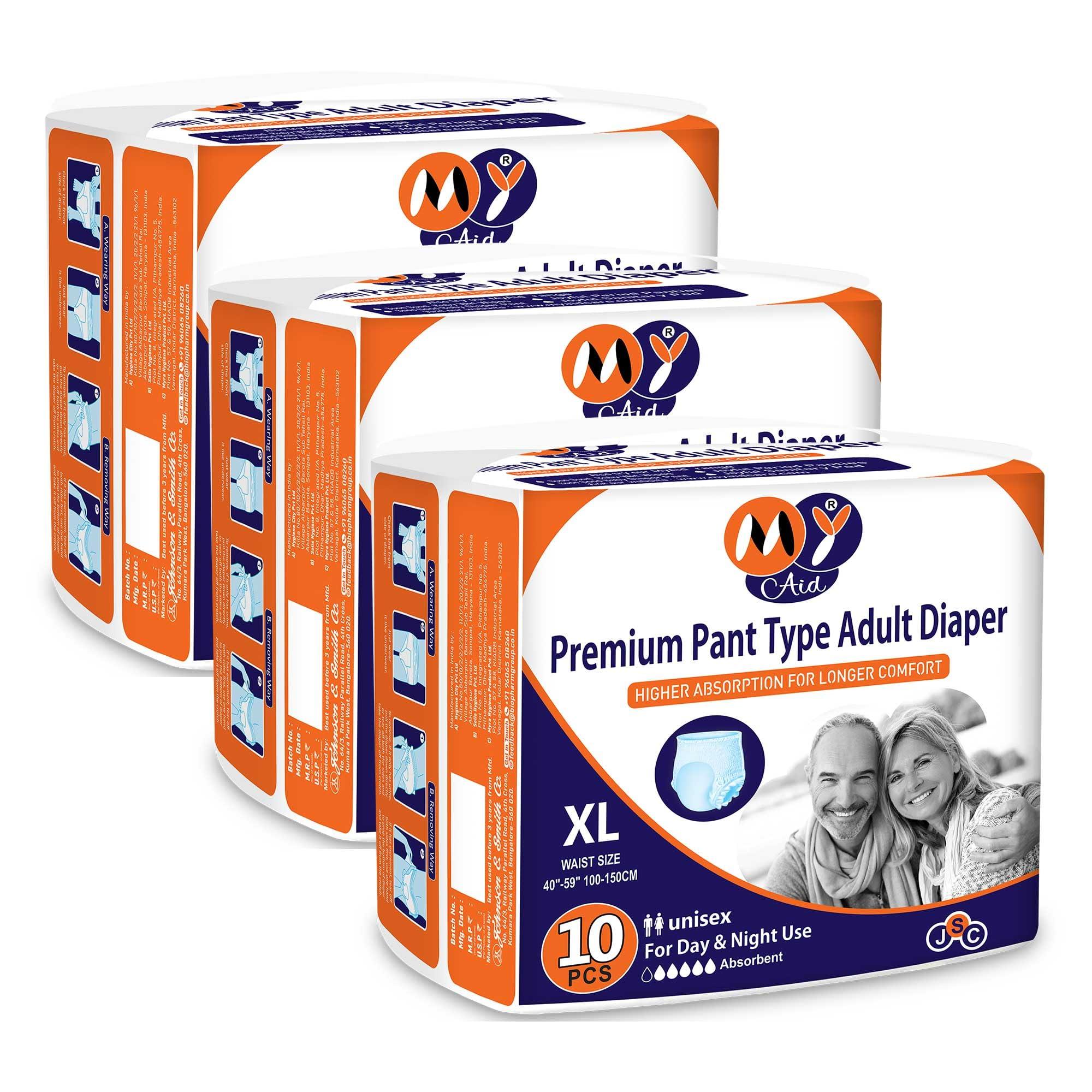MYAID MYAID Unisex Premium Adult Diaper X-Large Size. Pant Style. Higher Absorption & Longer Comfort - XL Size (10 Pc) Pack of 3
