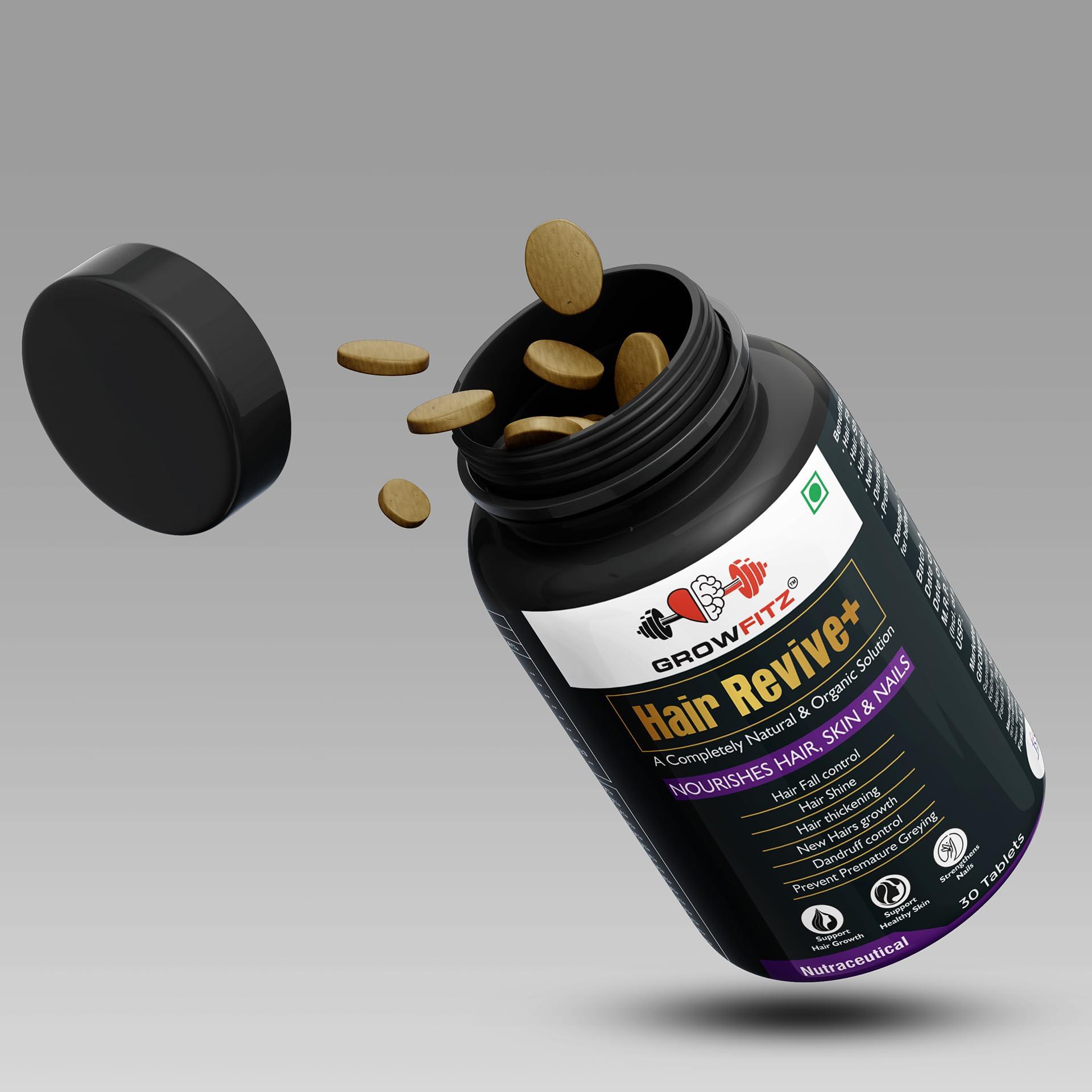 GROWFITZ Growfitz Hair Revive+ | Ayurvedic & 100% Natural | Hair Growth, Skin, Nails | For Men & Women - 30 veg tablets