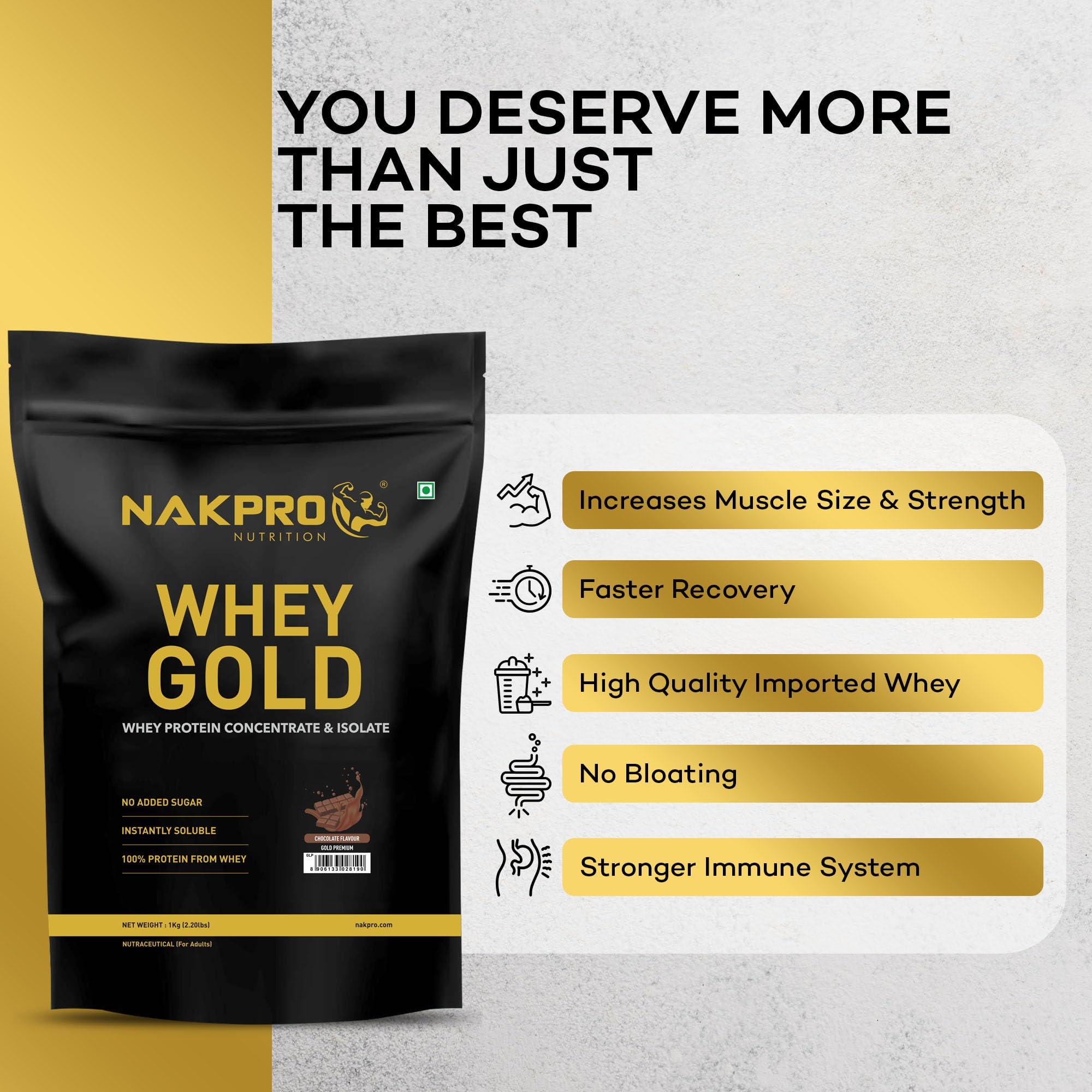 NAKPRO NAKPRO Gold Premium Whey Protein 1kg Chocolate | Isolate & Concentrate, 27g Protein, 6g BCAA | 100% Authentic Supplement Powder & No Adulteration | Fast Absorbing Whey Protein Powder