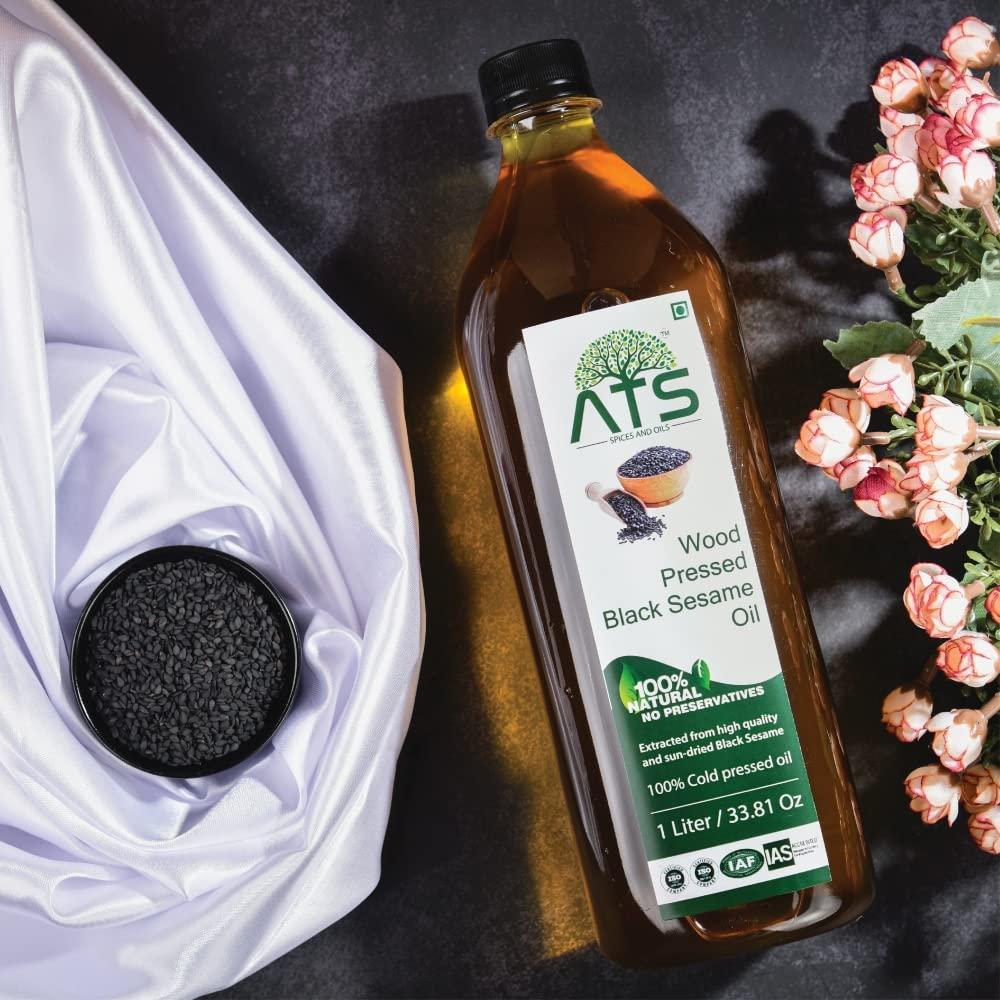 ATS ATS 100% Wood Pressed Black Sesame Oil 1 Litre Pet Bottle, Kacchi Ghani/Mara Chekku, Black Sesame Oil, Kalatil ka tel, Gingelly Oil, Natural, Chemical-Free, Wood Pressed Coconut Oil for Cooking