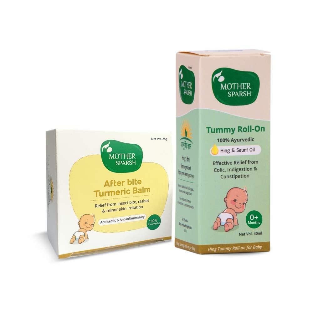 Mother Sparsh Mother Sparsh Tummy Roll On for Baby, Colic Relief and Digestion, 100% Ayurvedic, Hing & Saunf, 40ml + After Bite Turmeric Balm for Rashes and Mosquito Bites, 100% Ayurvedic-25grm