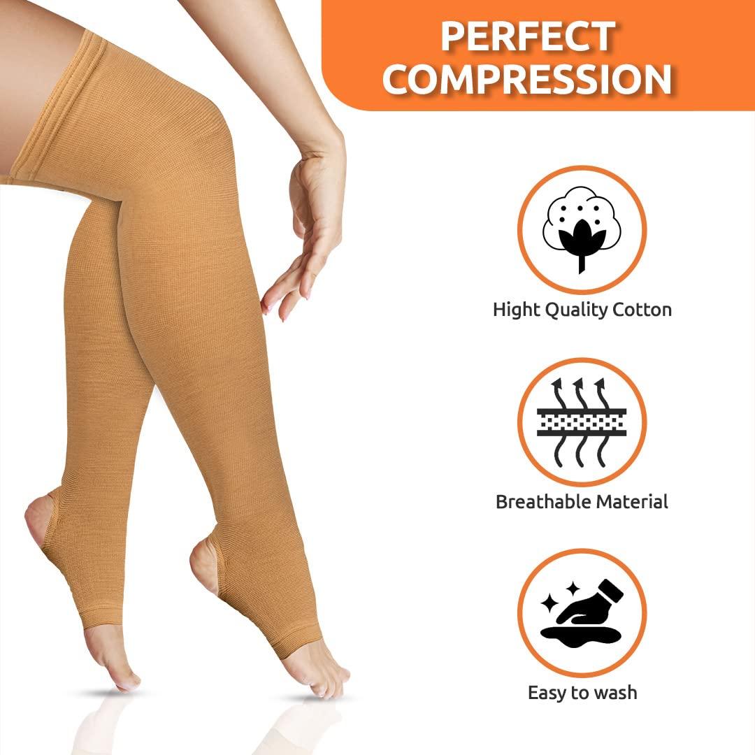 Vissco Vissco Varicose Vein Stockings, Thigh Length (Above Knee), Stockings for Swollen, Tired, Aching Legs, Pain Relief, Edema, Sore Legs for Women- Small (Beige) - 1 Pair