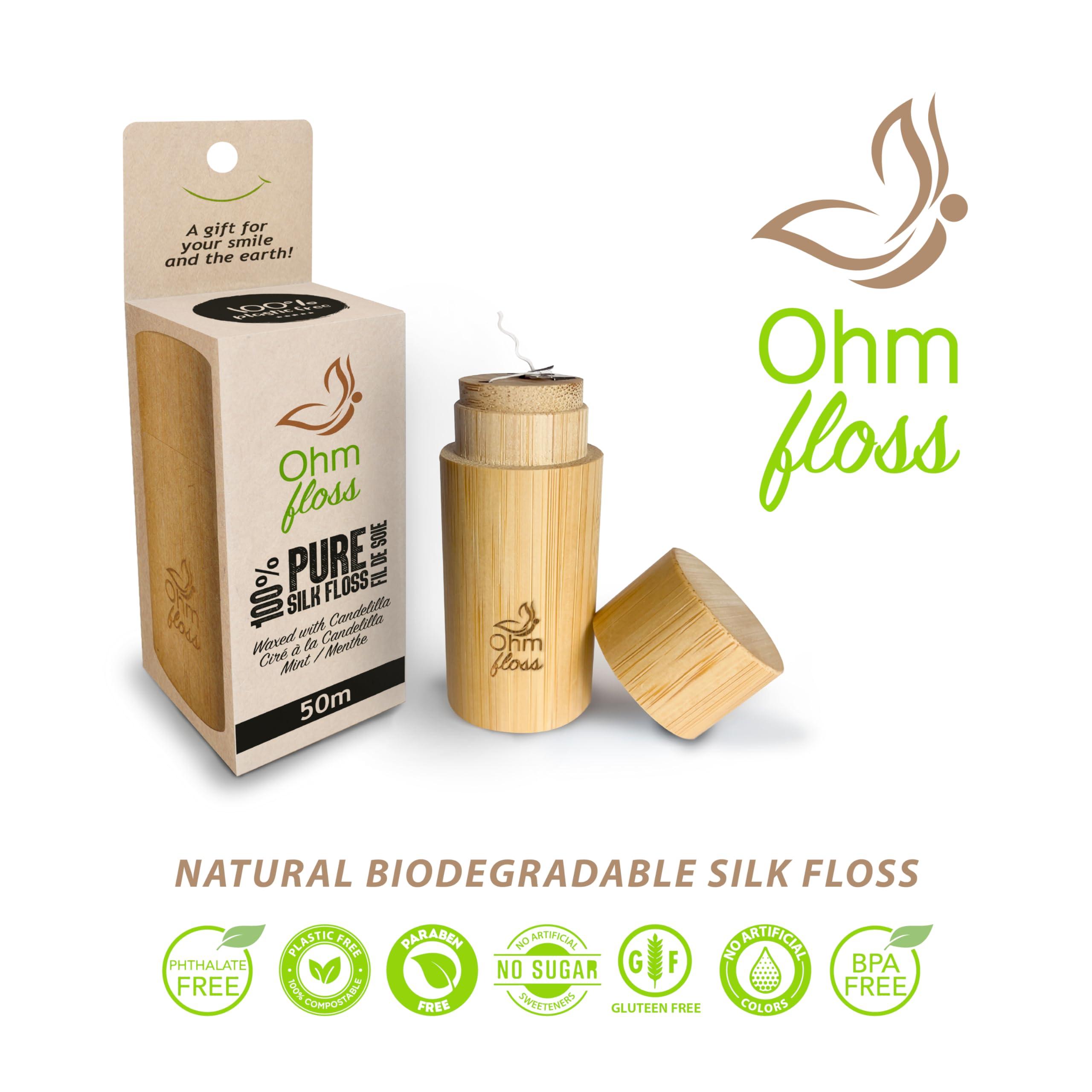 Ohm Earth Ohm Floss Biodegradable Dental Floss with Bamboo Refillable Holder, Naturally waxed with Candelilla, 100% Compostable, 55 yds/50m Natural Silk Spool Eco-Friendly Zero waste Oral Care, Natural Mint