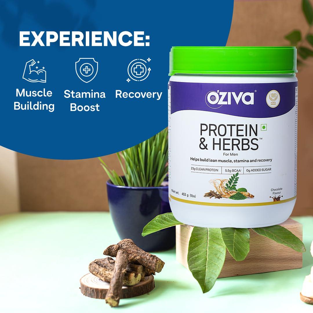 OZiva OZiva Protein & Herbs for Men (Banana Caramel) I Muscle Building, Stamina & Recovery | Clean Protein, Shatavari, Green Tea I No Added Sugar, 1lbs (453gm)