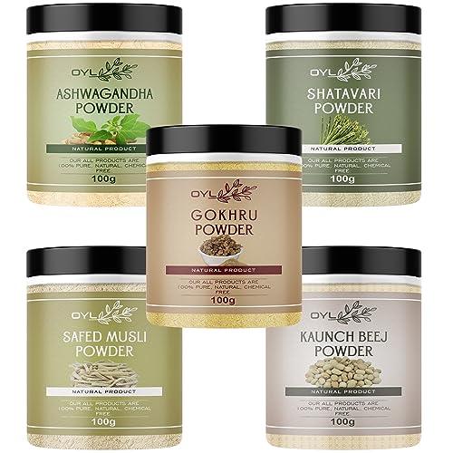 OYL OYL Natural Ashwagandha, Shatavari, Safed Musli, Kaunch Beej, Gokhru Powder Combo Packs - 500g (100g Each Pack Of 5)