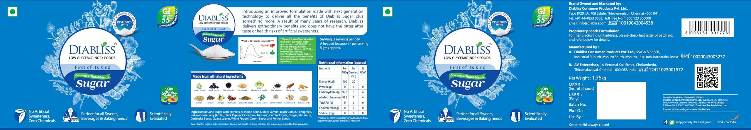 Diabliss Diabliss Diabetic Friendly Herbal Cane Sugar - Free from Chemicals / Artificial Sweeteners - Low Glycemic Index (GI) Diet - Clinically Tested Healthy Natural Substitute For Diabetes / Blood Glucose Management - 1.75Kg Reusable Jar