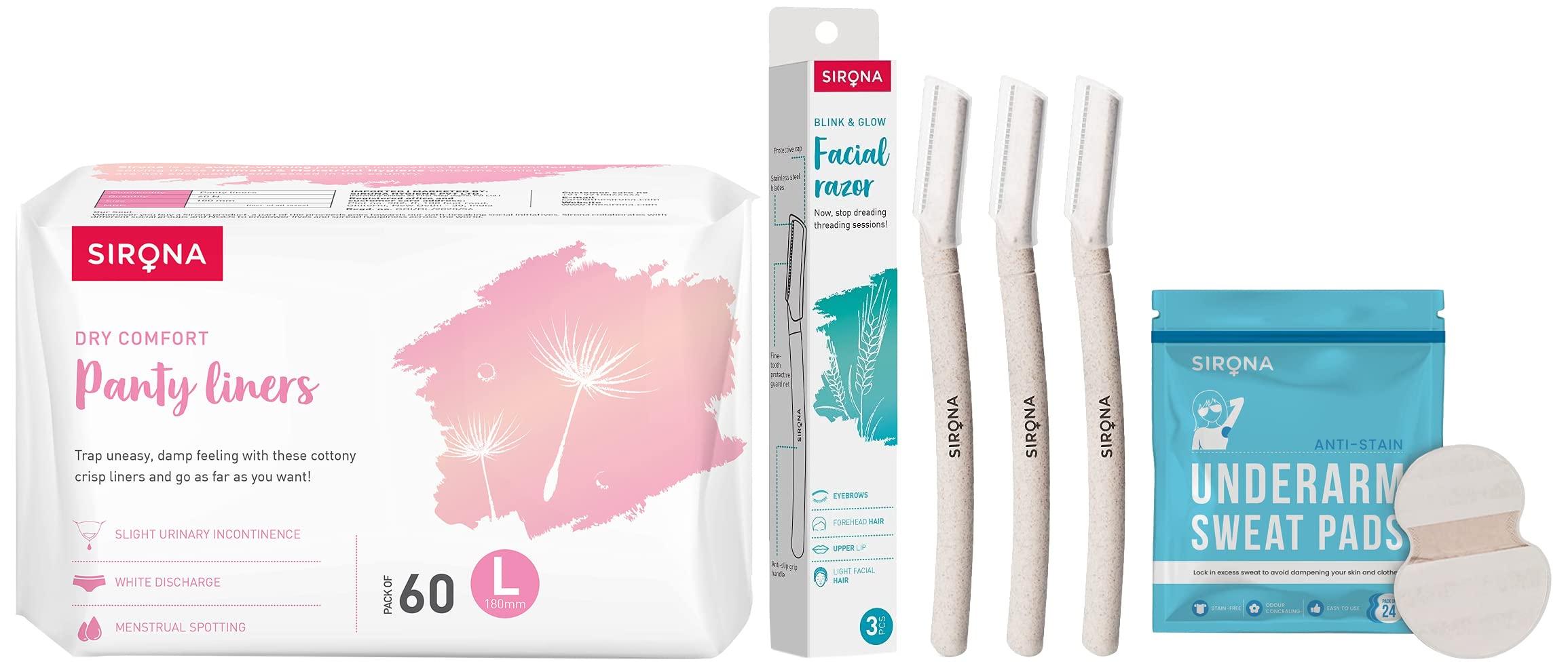 Sirona Sirona Disposable Underarm Sweat Pads for Men and Women & Blink and Glow Face 3 Razor for Women, & Dry Comfort Panty Liners Soft Cottony Panty Liner Pads For Women - Large, 60 Liners