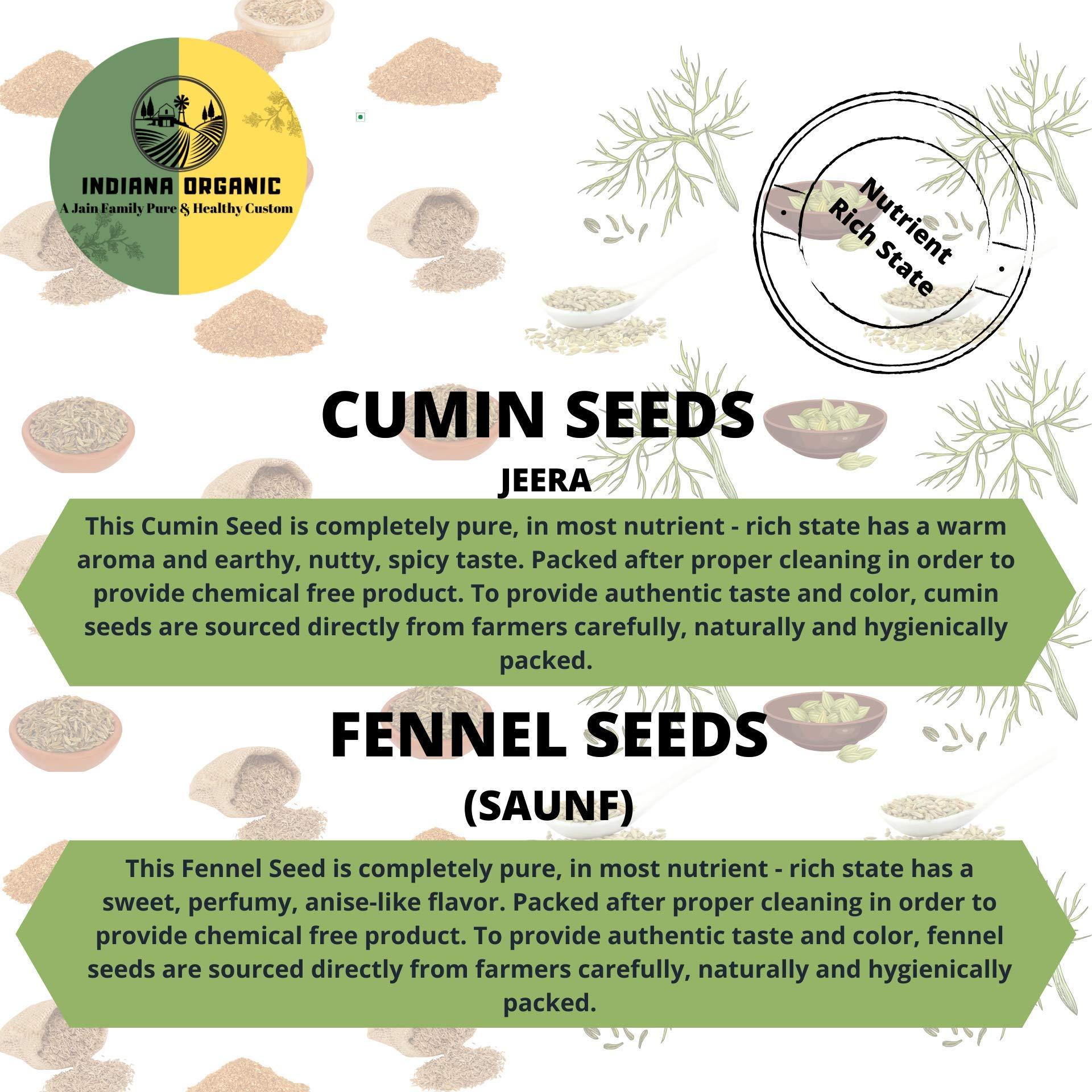 INDIANA ORGANIC Indiana Organic Combo, Cumin Seeds (Jeera) - 200 Gram, Fennel Seeds (Saunf) - 200 Gram Each