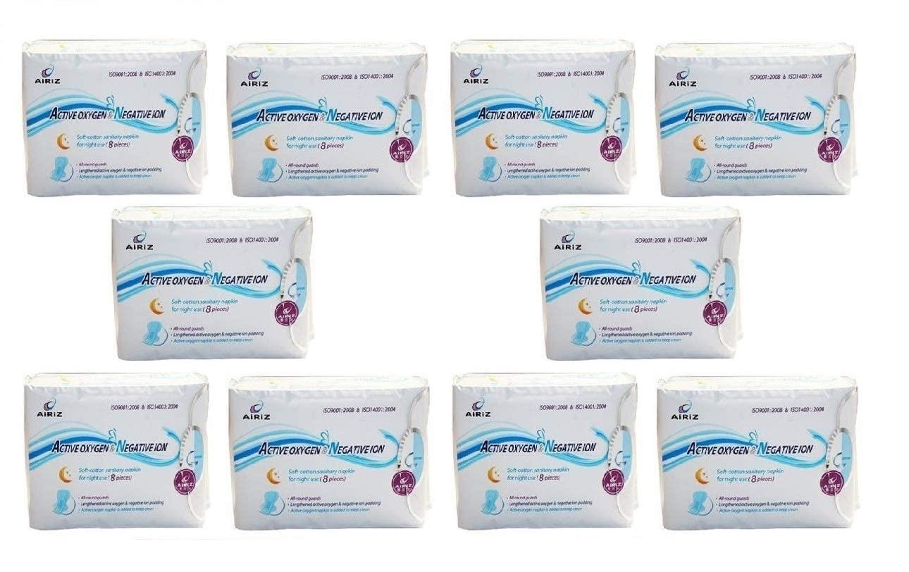AIRIZ AiRiZ ACTIVE OXYGEN & NEGATIVE ION RELAX SOFT COTTON SANITARY NAPKIN FOR Night USE -(80 Pads in 10 Pack) Sanitary Napkin/Pad