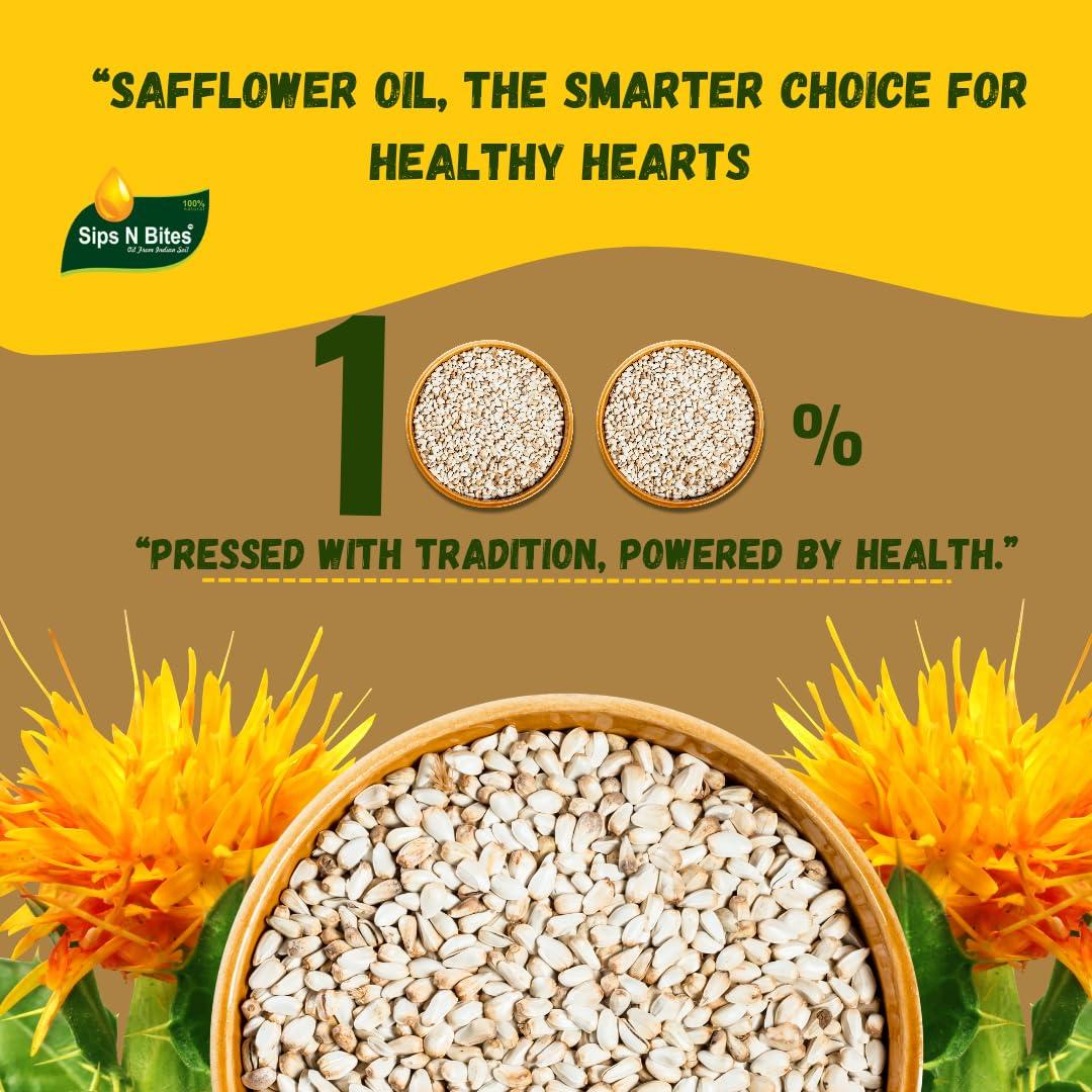 Sips N Bites Sips N Bites Cold Pressed Safflower Oil | 1 litre For Cooking | Lakdi Ghana | Kardi ka Tel | Lakdi Ghani Ka Oil | Kardai Tel Extracted On Wooden Churner 1000ml Bottle (Pack of 1)