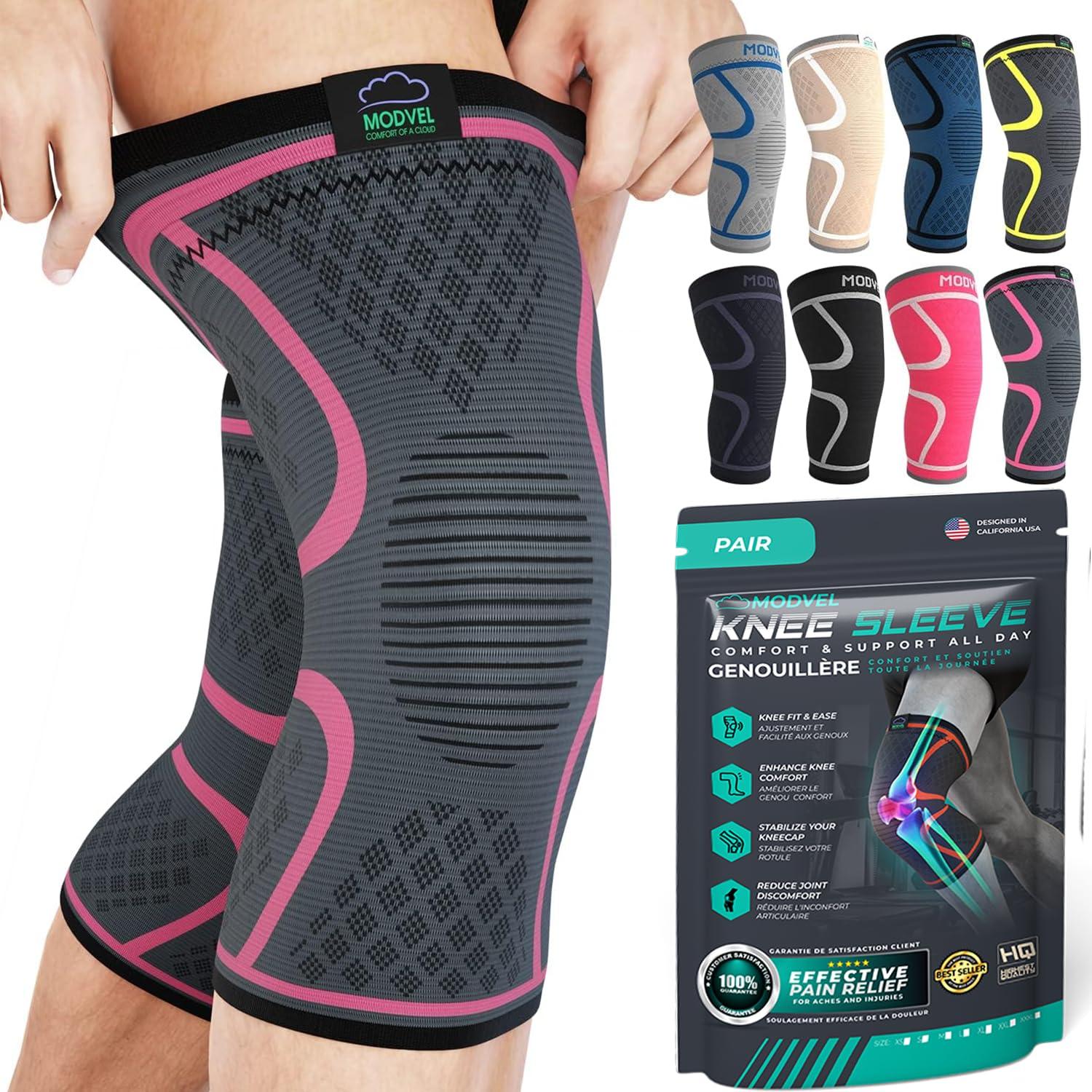 Modvel Modvel 2 Pack Knee Compression Sleeve | Knee Brace for Men & Women | Knee Support for Running, Basketball, Weightlifting, Gym, Workout, Sports | Joint Pain Relief - Please Check Sizing Chart
