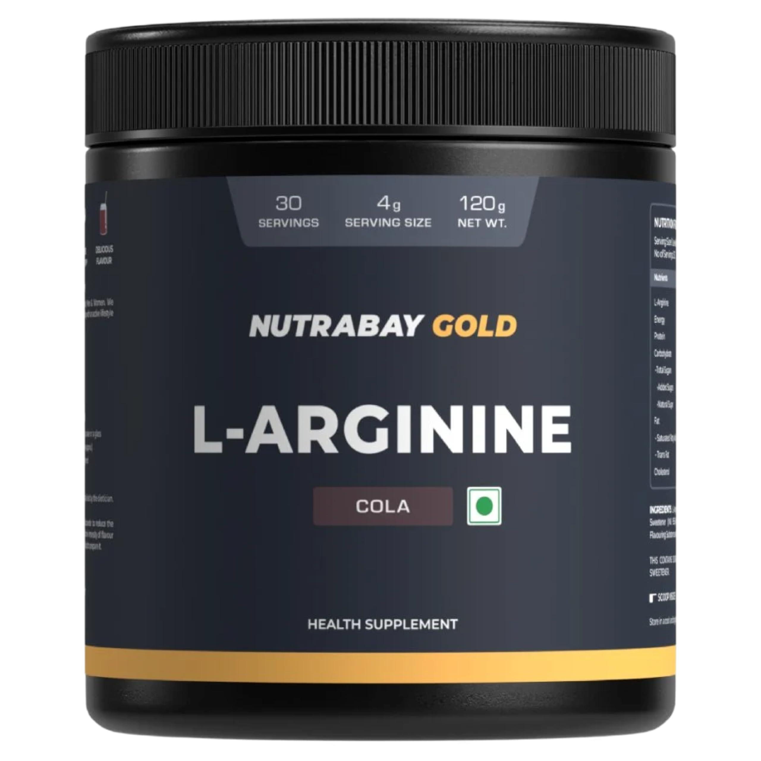Nutrabay Nutrabay Gold L-Arginine Supplement Powder - 120g, Cola Flavor | Pre Workout Amino Acid for Endurance, Muscle Building & Faster Recovery
