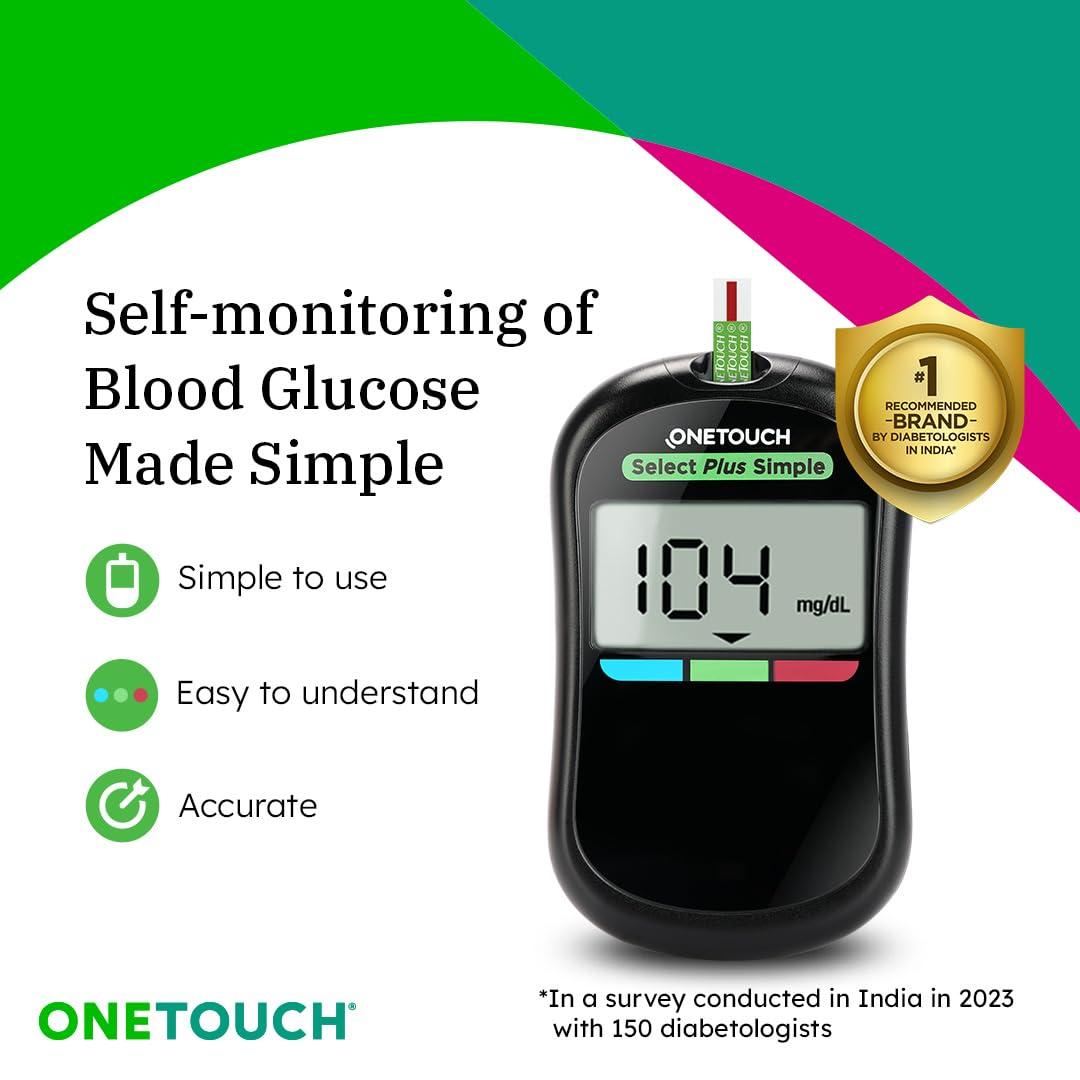 OneTouch OneTouch Select Plus Simple glucometer machine with 50 Test Strips & 50 additional Ultrasoft 2 Lancets (total 60 lancets) | Simple & accurate testing of Blood sugar level at home | Global Iconic Brand