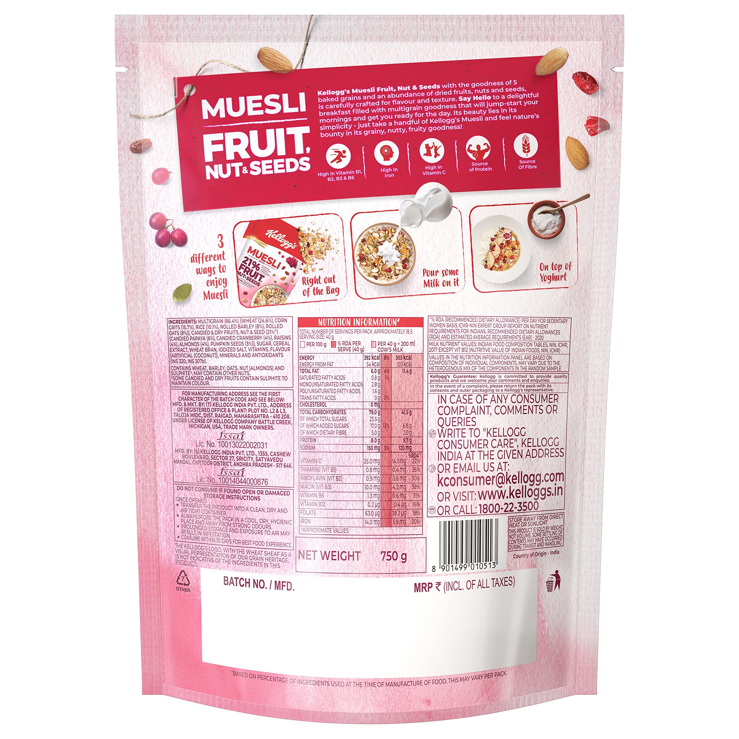 Kellogg's Kellogg's Muesli Crunchy Fruit And Nut, Multi-Grain Cereal, High In Iron, Vitamin B And Source Of Fibre, 500g