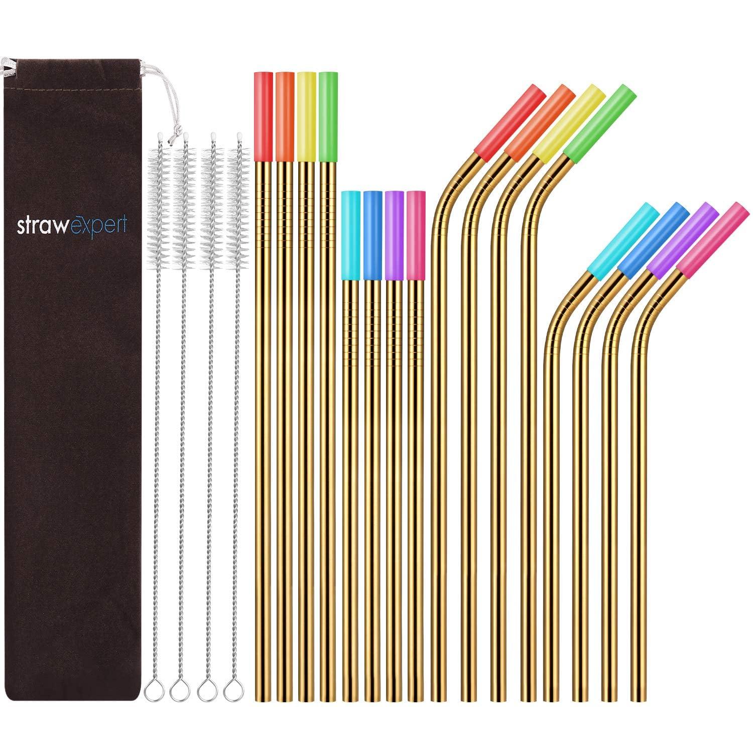 StrawExpert StrawExpert 16 Pack Gold Reusable Metal Straws with Silicone Tip & Travel Case & Cleaning Brush,Long Stainless Steel Straws Drinking Straw for 20 and 30 oz Tumbler