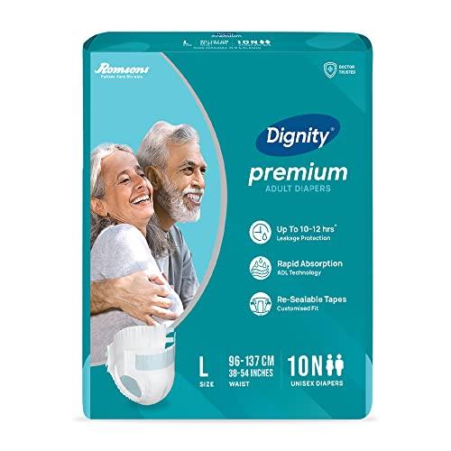 DIGNITY Dignity Premium Adult Diapers, Tape Style - 60 Count (Large) with Extra Absorbent Core, Wetness Indicator, Waist Size 38\" - 54\", 10 Pcs/Pack (Pack of 6)