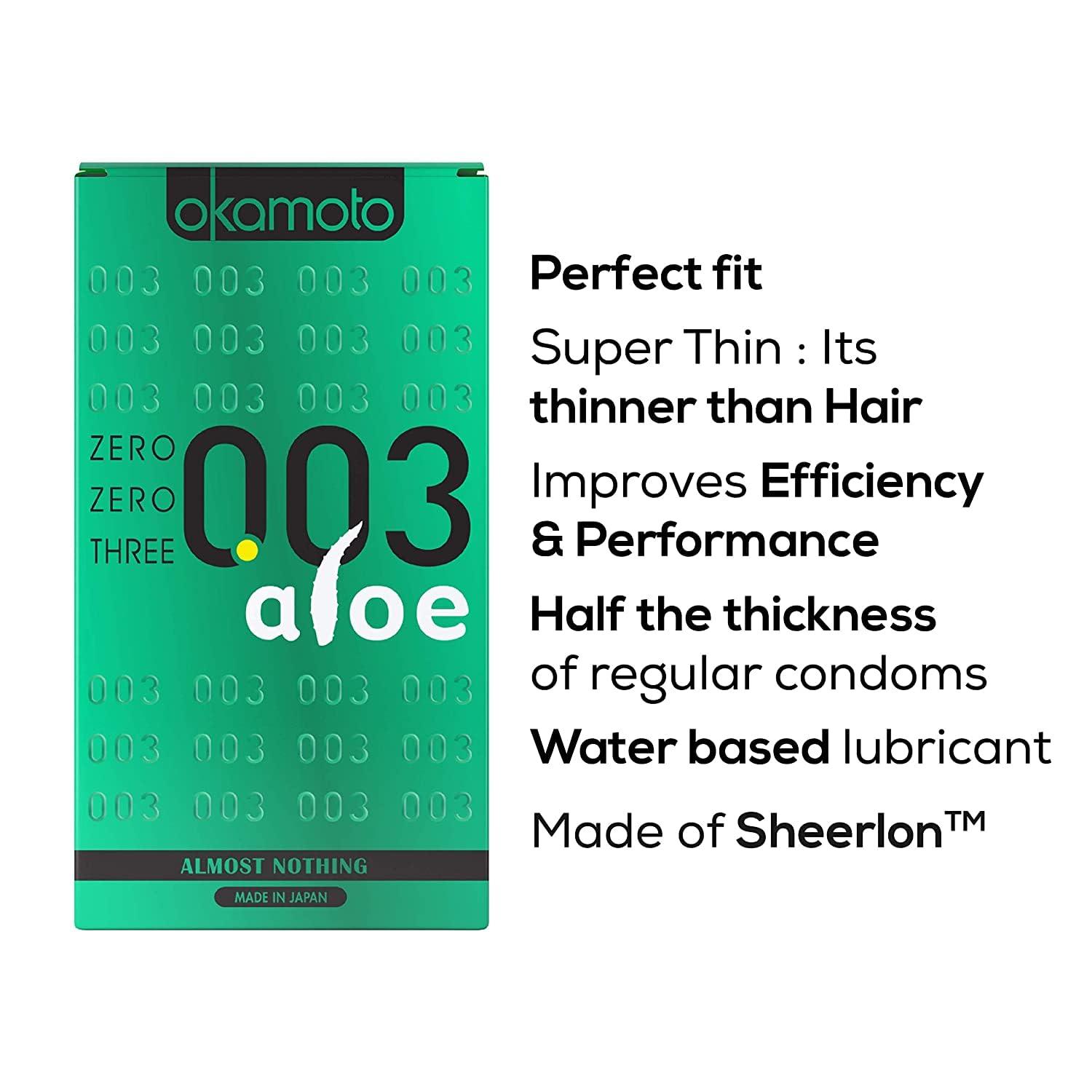 OKAMOTO Okamoto 003 Japans Best Aloe Condoms | Only Natural Water Based Lube Condom in India |Thinnest Premium Condoms for Men - Made In Japan | 0.03 mm thin Extra Lubricated | Pack of 2 | 20s Condoms