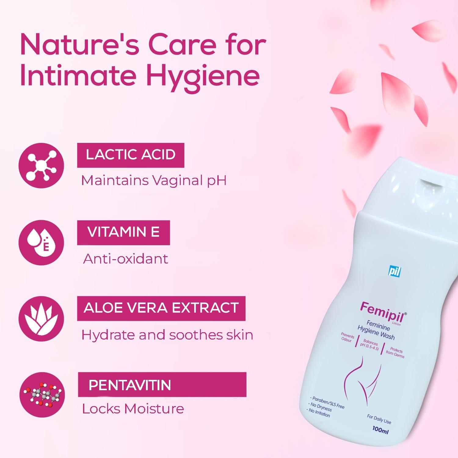 pil Pil Femipil Lotion | Intimate Wash for Women (100ml,Pack of 2) | Enriched with Vitamin E, Aloevera Extracts & Lactic Acid | Prevents Dryness, Itchiness & Irritation
