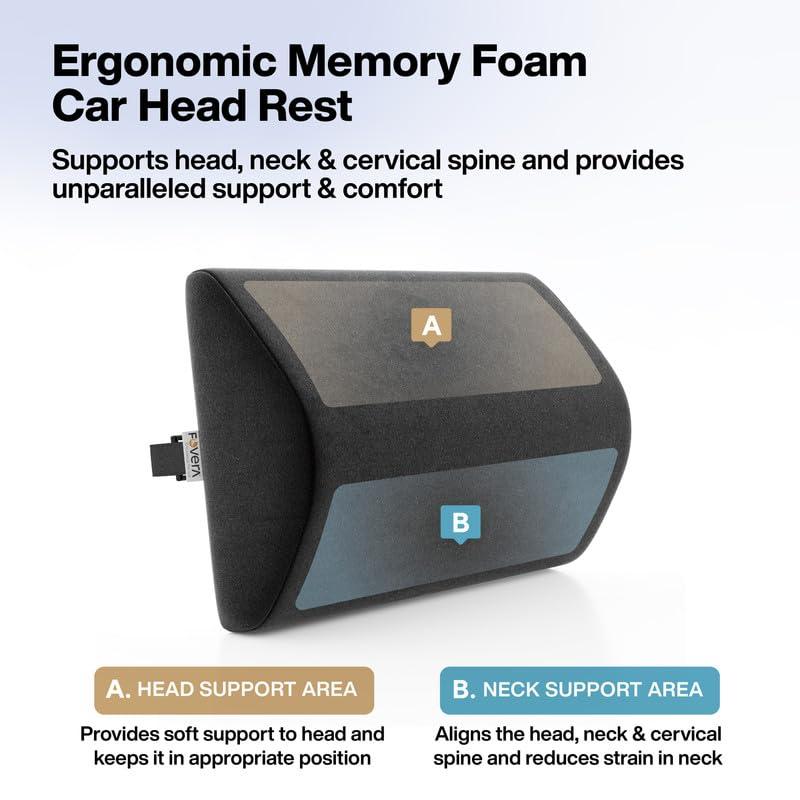 FOVERA FOVERA Car Neck Rest Pillow (Pack of 2) | 2 Years Warranty | Memory Foam Neck Pillow for Car, Car Seat Head Rest Cushion for Neck & Cervical Support - Relieves Neck Pain (Standard, Black)