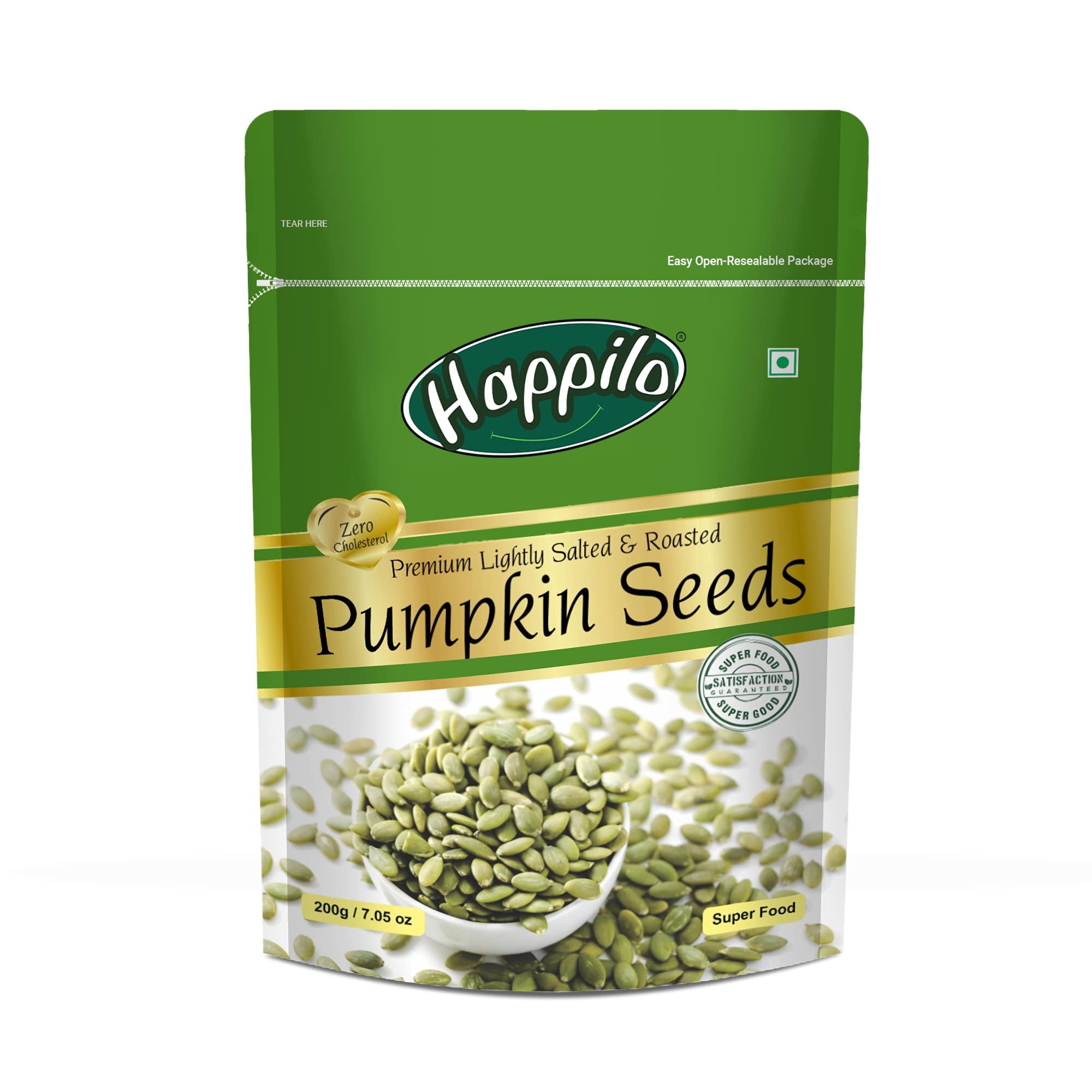 Happilo Happilo Premium Roasted Pumpkin Seeds for Eating 200g, Lightly Salted for Healthy Diet, Immunity Booster and Fiber Rich Superfood & Premium International Whole Seeds & Berries Pouch, 200 g
