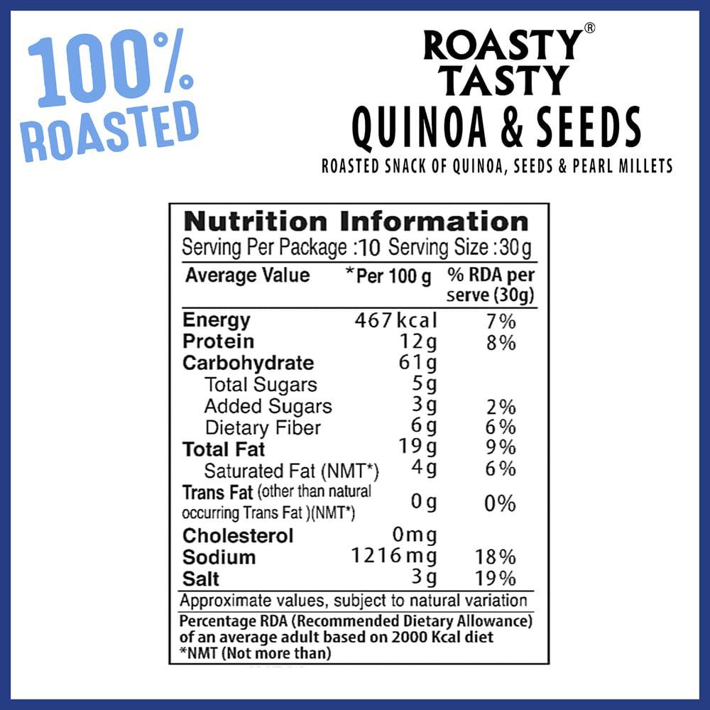 Roasty Tasty Roasty Tasty Quinoa & Seeds Peri Peri | Healthy Snacks | Roasted White Quinoa Puffs, Bajra & Seeds Mix | Rich in Protein for Adults & Kids | No Cholesterol, No Transfat | Diet Mixture | Peri Peri Masala | Gluten Free | Roasted Namkeen | 300g