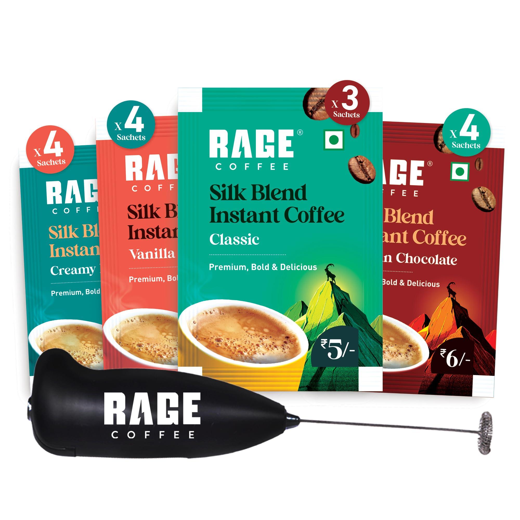 RAGE COFFEE Rage Coffee - Silk Blend Assorted Sachets & Free Frother Coffee Kit Combo (15 X 1.5 Gram Sachets) | 3 Classic, 4 Creamy Hazelnut, 4 Vanilla Velvet & 4 Belgian Chocolate Flavours & Beater)|