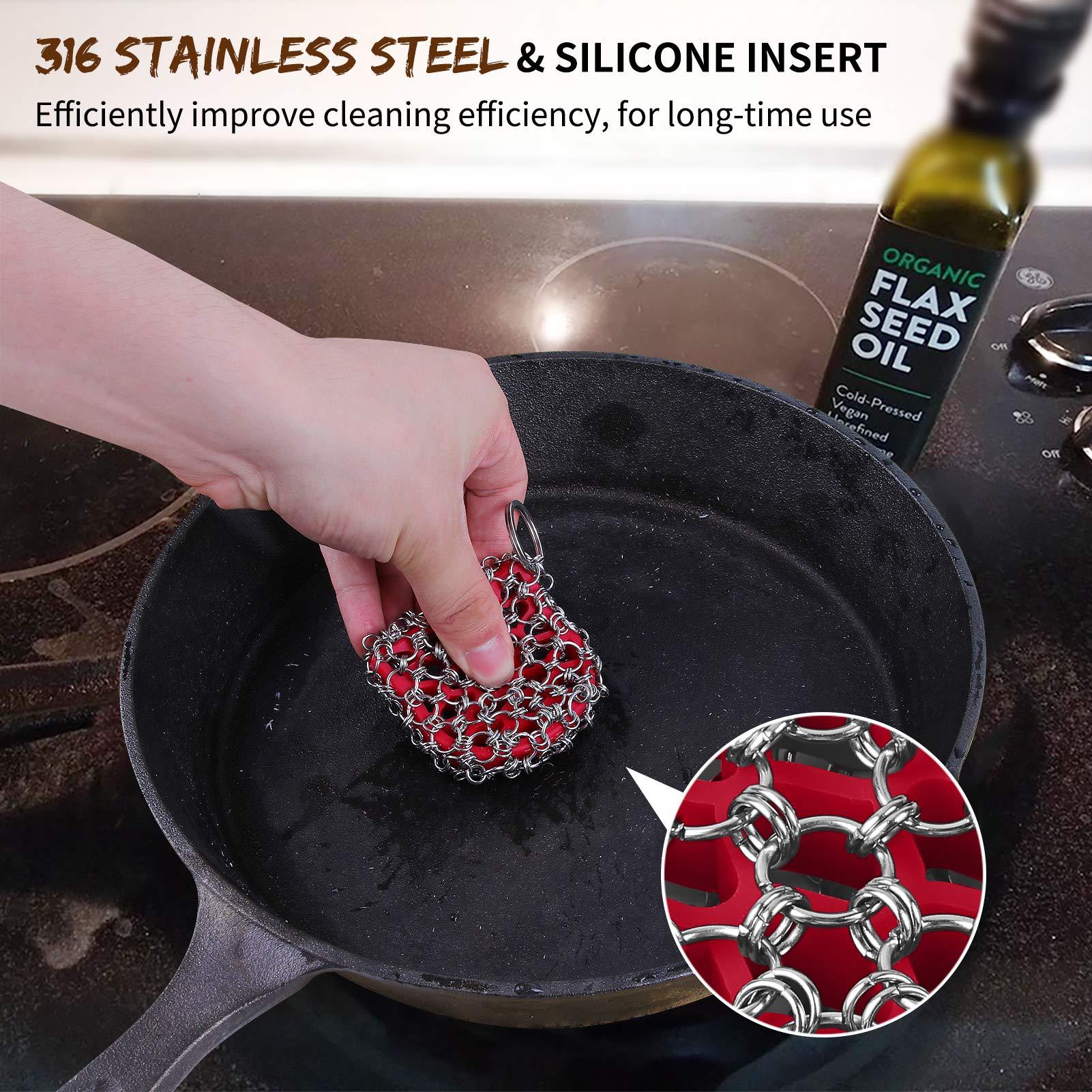 Herda Cast Iron Scrubber Skillet Cleaner 316 Chainmail Scrubber for Cast Iron Pan, Silicone Insert Light Weight Life Time Use Herda Chain Mail Metal Scrubber for Cleaning Steel Skillet, Wok, Carbon Steel
