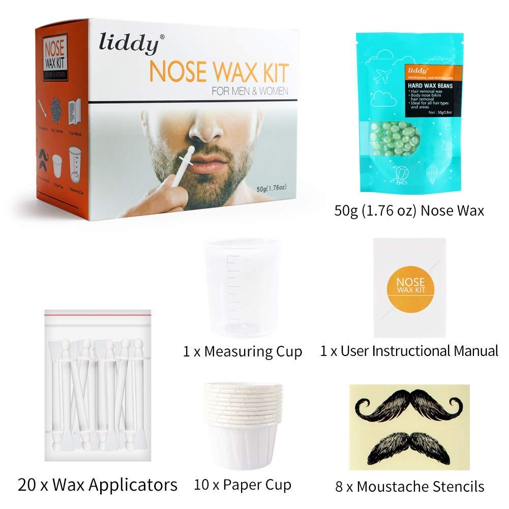 liddy Dance Nose Wax Nose Hair Wax Kit for Men and Women Nose Hair Removal Wax 50g Wax 20 Wax Applicators 10 Nose Wax Pod 1 Measuring Cup 8 Moustache Stencils