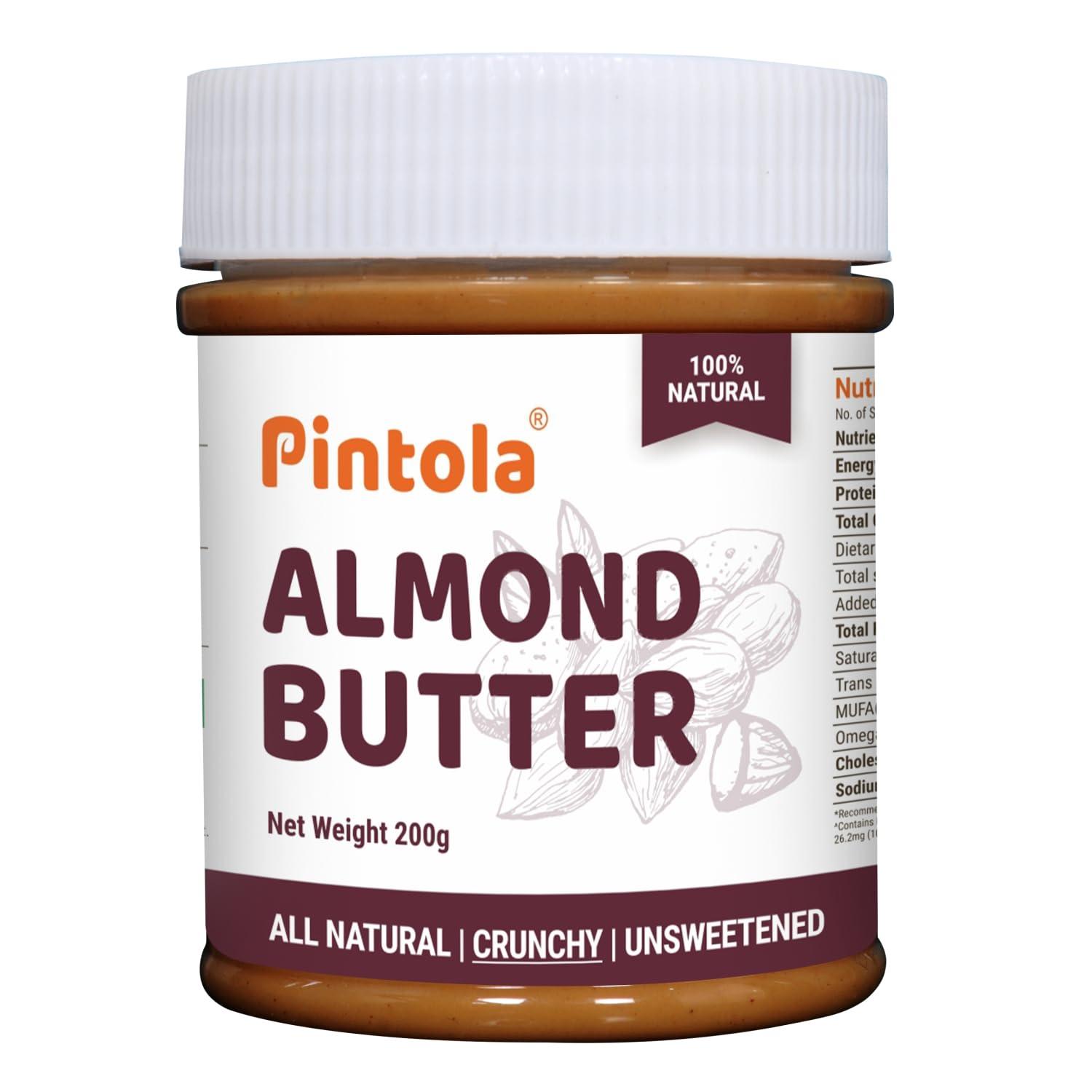 Pintola Pintola Almond Butter Crunchy 200g - All Natural Unsalted Butter, Healthy Almond Butter Unsweetened for Bread Spreads, Vegan Almond Butter