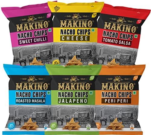 Makino Makino - Nacho Chips Roasted Masala, Peri Peri, Cheese, Jalapeno, Sweet Chilli, Salsa Flavour of 60 Gram | Tortilla | Healthy | Tasty Savoury Snack | Delicious Nacho Chips | Low Calorie - Pack of 6