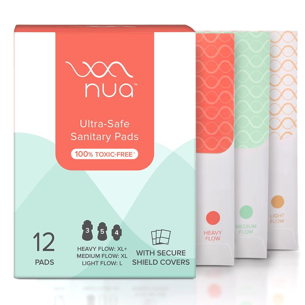 Nua Nua Cramp Comfort || 3 Heat Patches for Period Pain and Cramps & Nua Ultra-Safe Sanitary Pads For Women | 12 Ultra Thin Pads | 3 sizes in 1: Heavy Flow-XL+, Medium-XL & Light-L