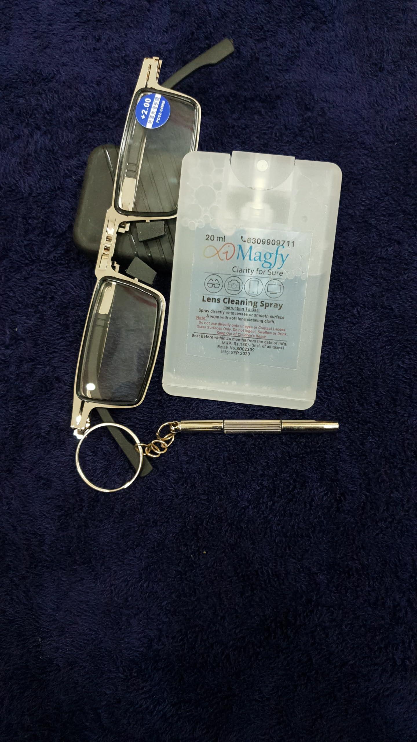 iMagfy iMagfy Foldable Stylish Blue Cut Anti Glare Reflection|Anti-Fatigue Reading Glassses for Men and Women with Free Lens Spray and ScrewDriver Keychain|Regular Comfort fit|Silver Color (+2.50)